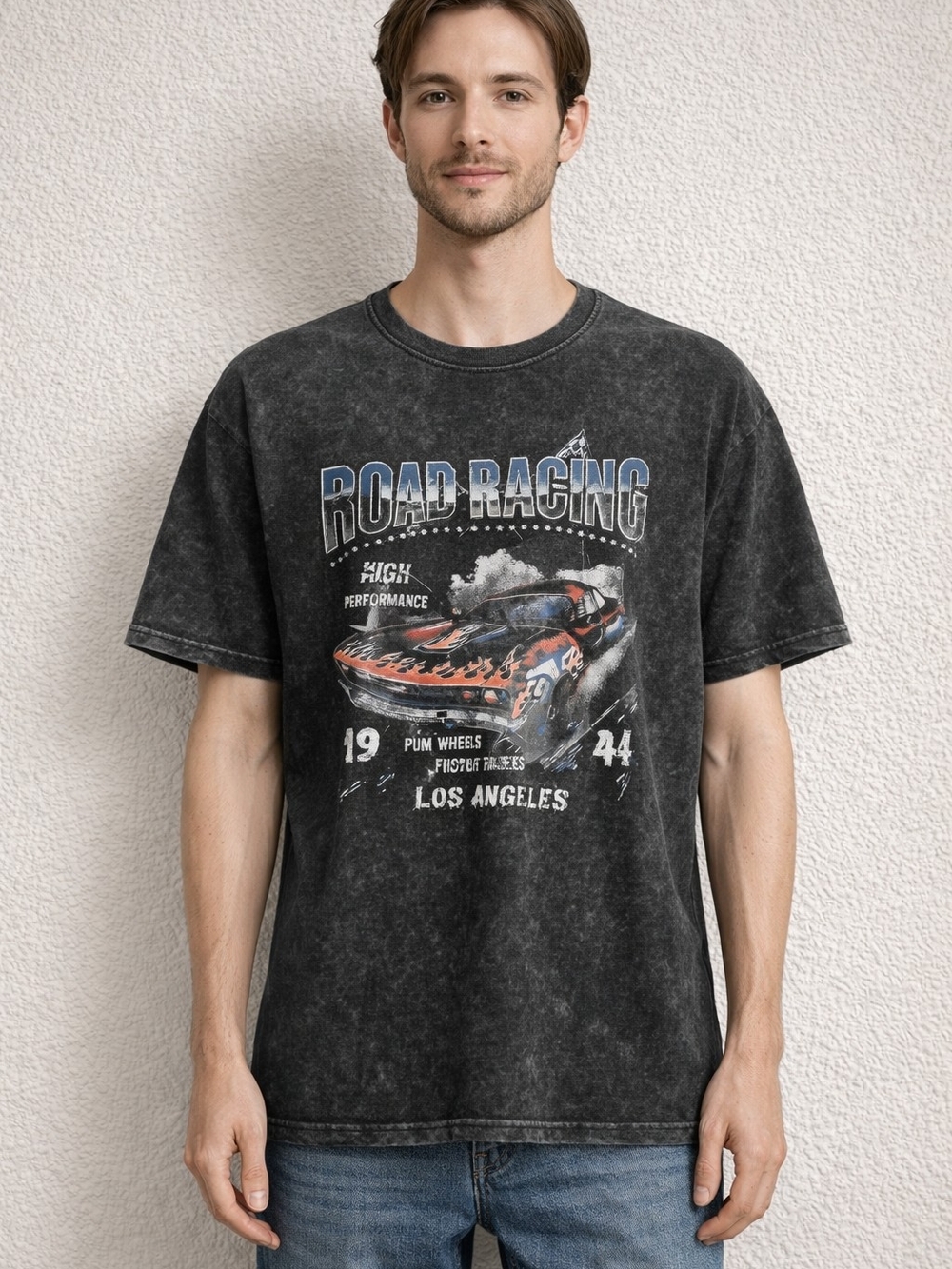 Source Unknown Black Road Racing Graphic Tee with Flame Car Print